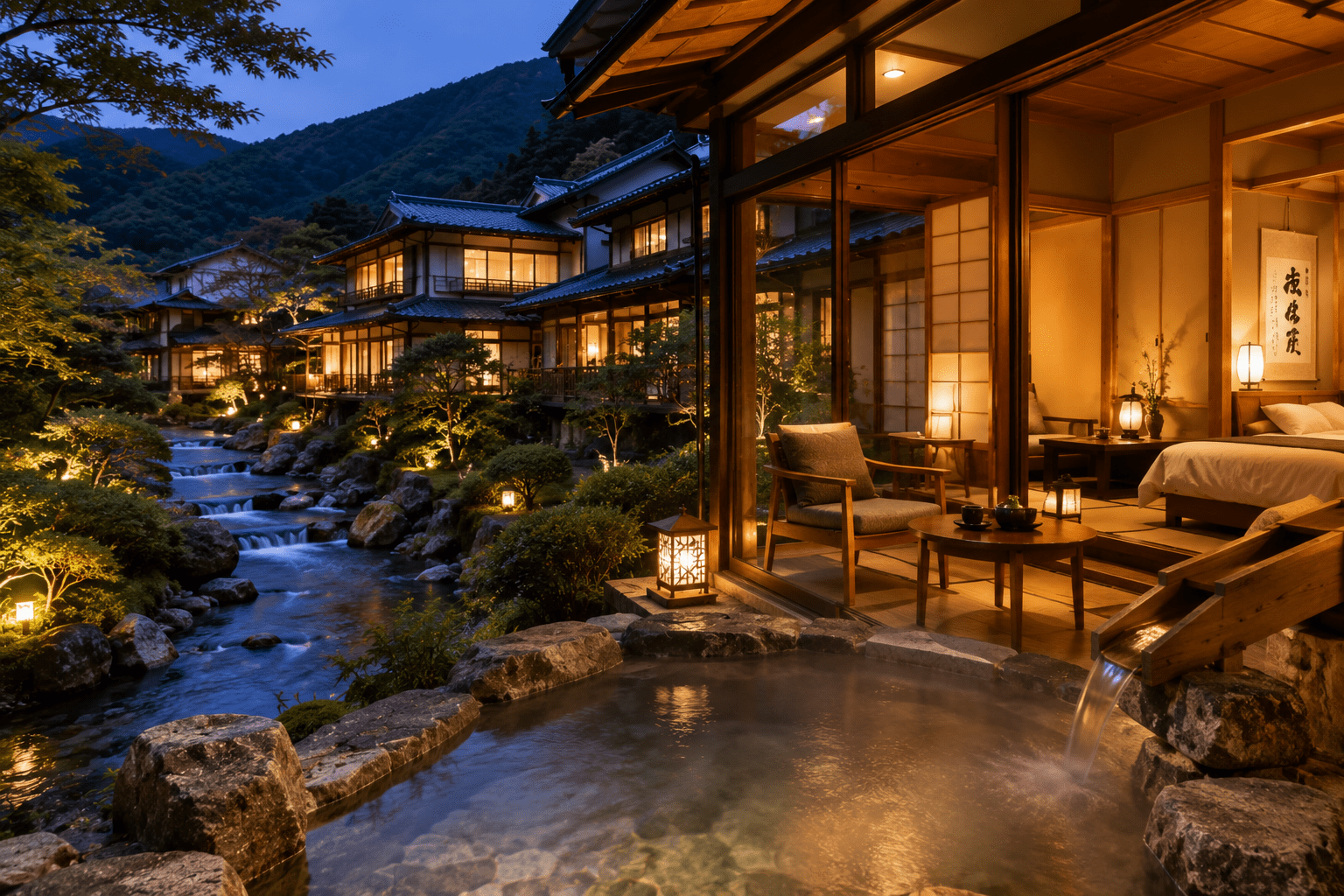 Peaceful outdoor onsen retreat surrounded by nature in Japan