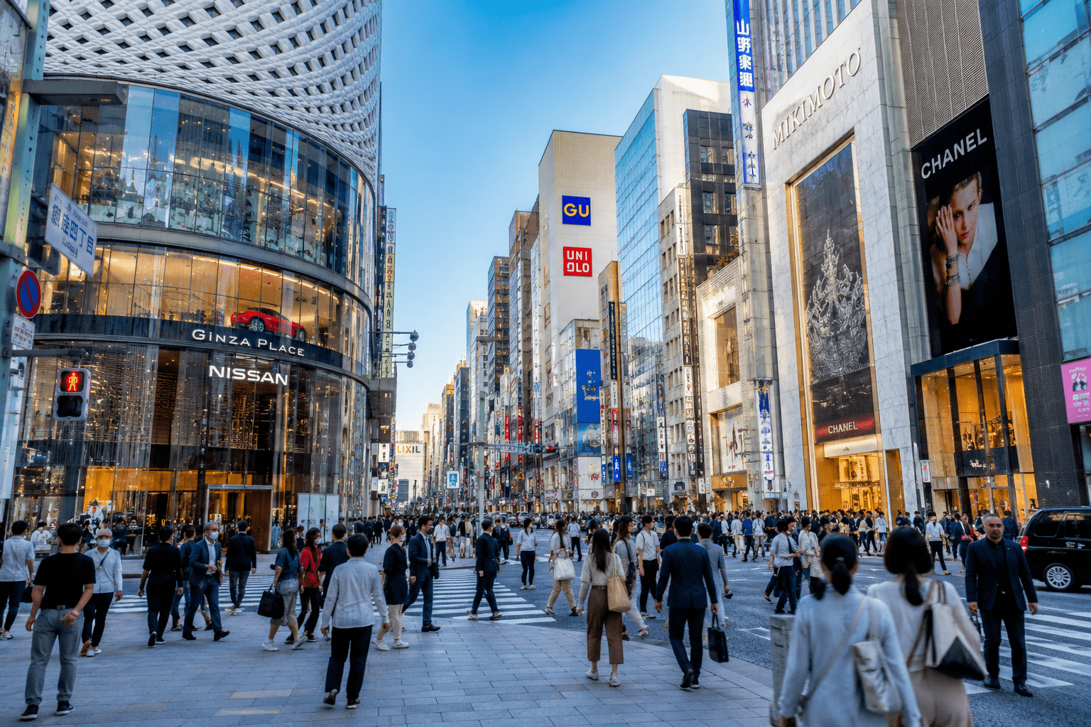 Luxury shopping district in central Tokyo illuminated at night