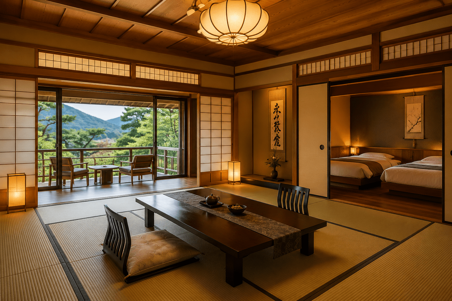 Traditional Japanese ryokan with tatami rooms and peaceful garden