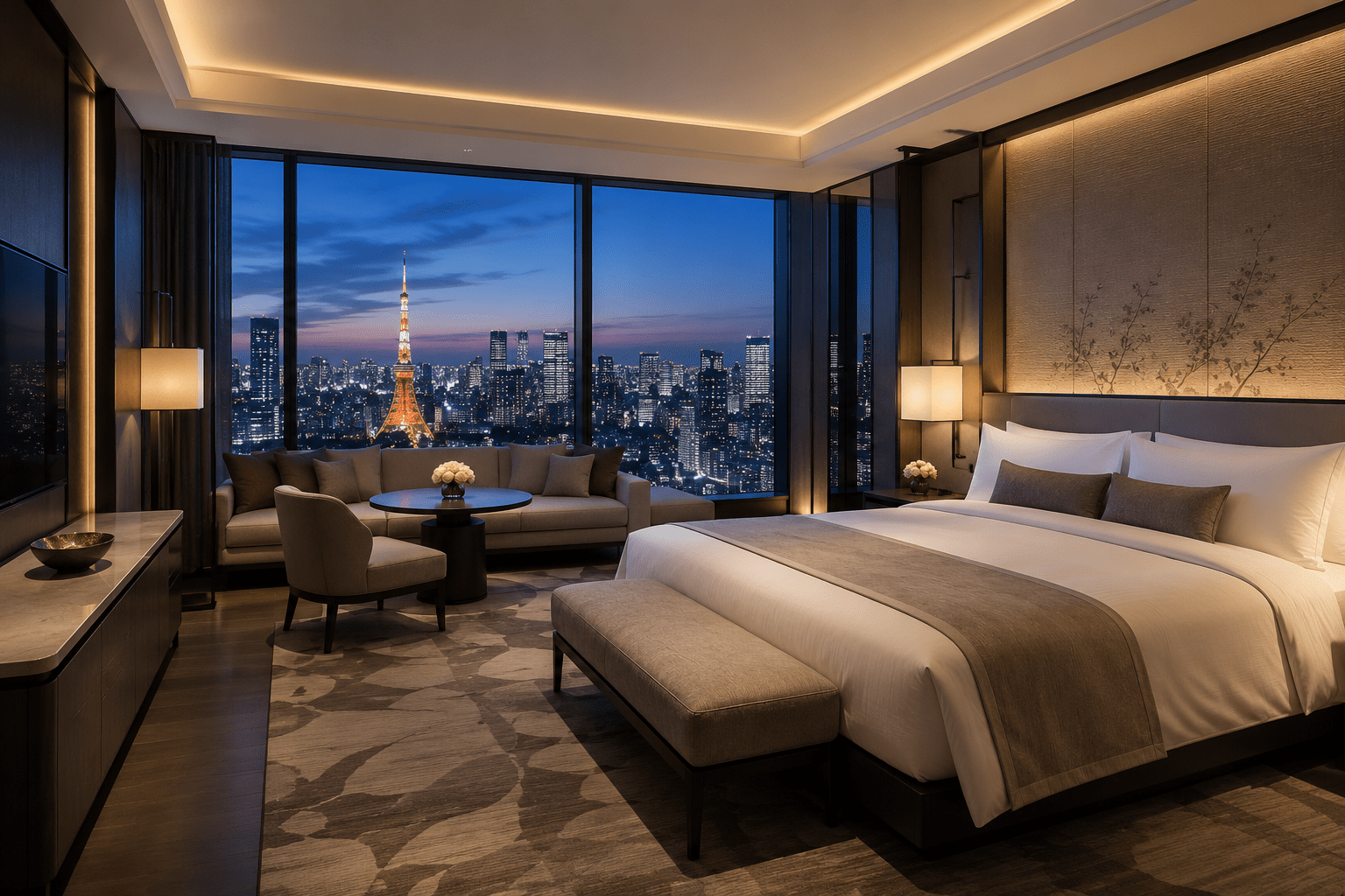 Modern luxury hotel suite overlooking Tokyo's skyline through panoramic windows