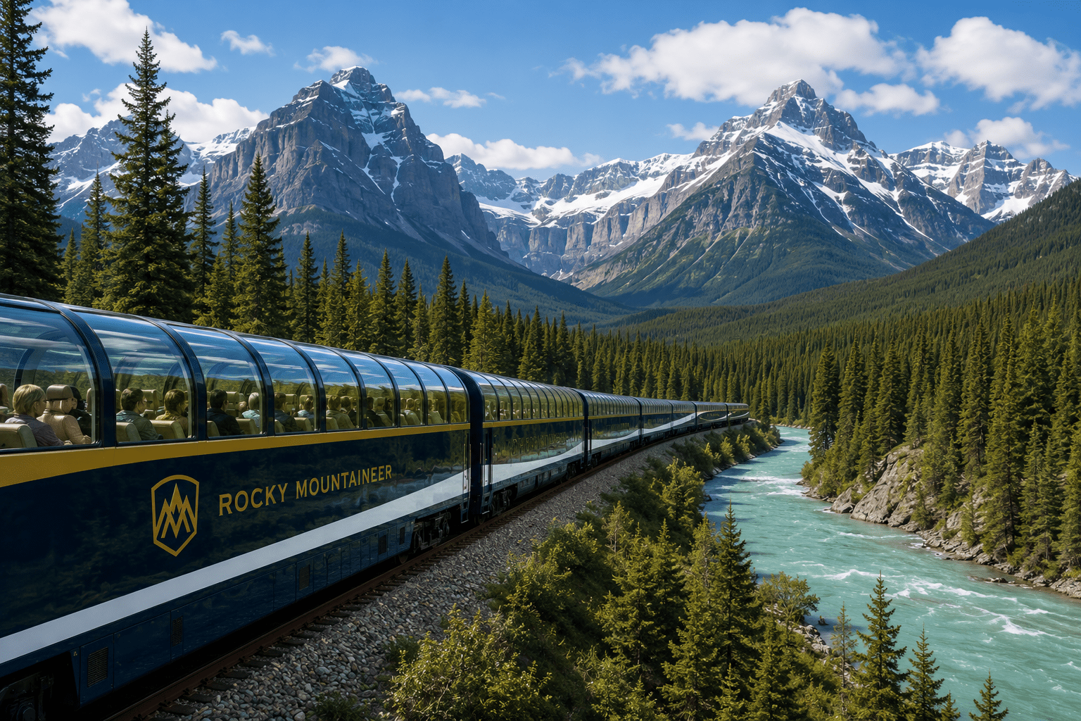 Rocky Mountaineer luxury train travelling through the Canadian Rockies