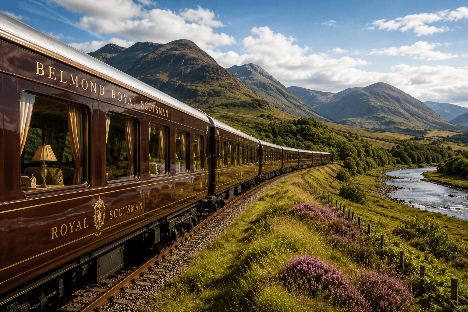 Belmond Royal Scotsman luxury train travelling through the Scottish Highlands