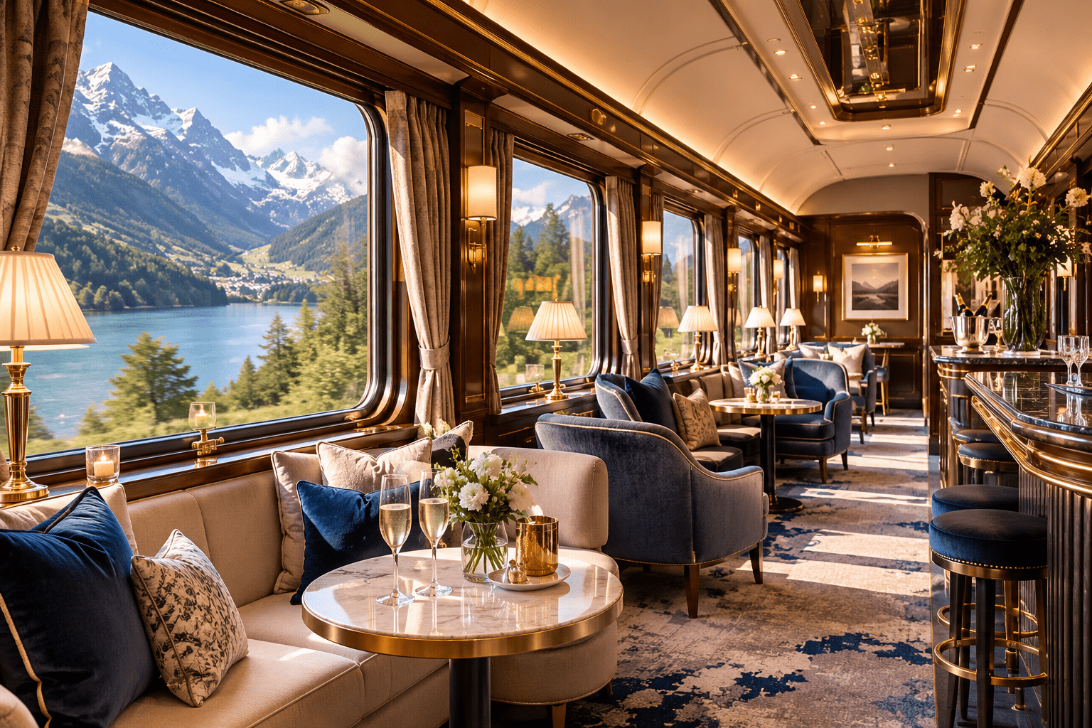 Elegant luxury train dining carriage with panoramic lake and mountain views