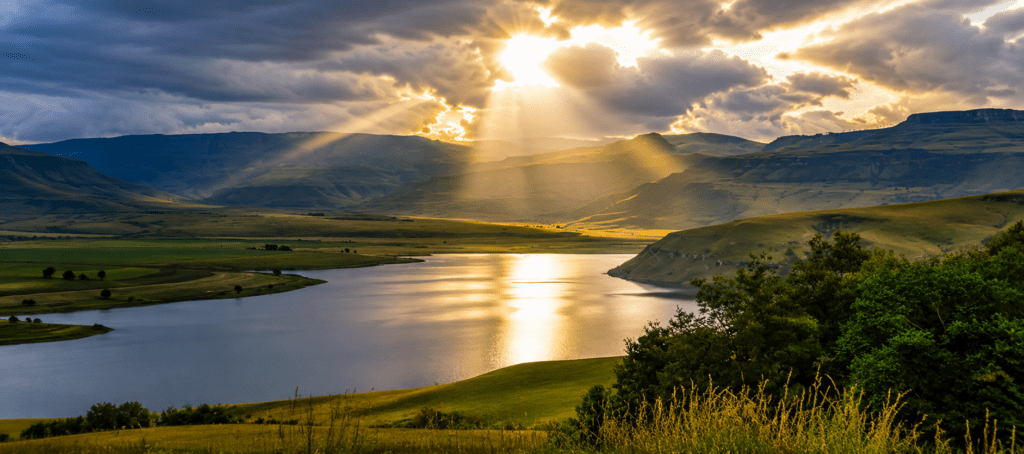 Panoramic view of Bell Park Dam in the Champagne Valley with the Central Drakensberg mountains and golden sunlight streaming through dramatic clouds.