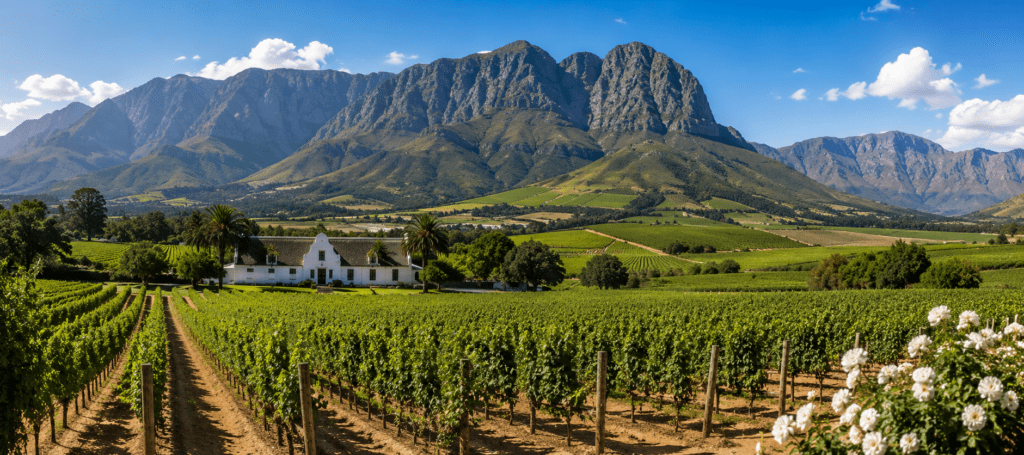 Panoramic view of Franschhoek vineyards with a Cape Dutch wine estate surrounded by dramatic mountains in the Cape Winelands of South Africa.