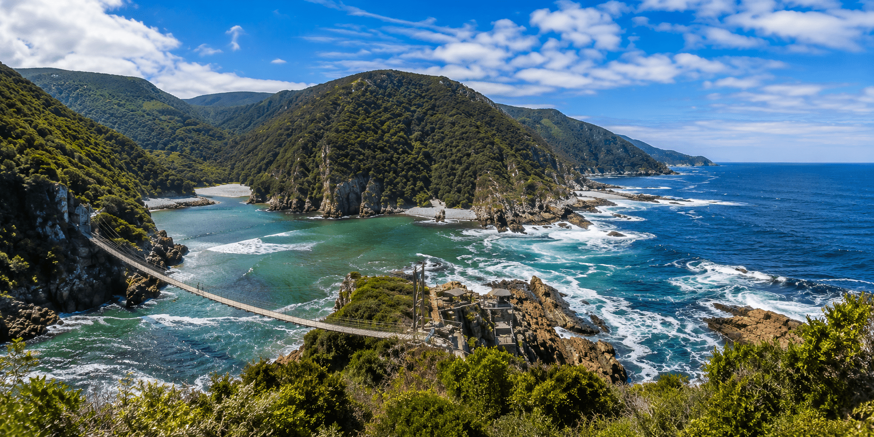 Panoramic daytime view of Storms River Mouth in Tsitsikamma with indigenous forest, rugged cliffs, turquoise ocean and the suspension bridge along South Africa’s Garden Route.