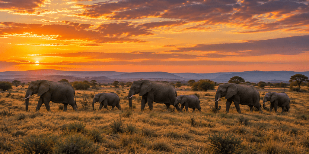 Panoramic view of a herd of African elephants, including adults and calves, walking across open savanna in warm golden sunset light in South Africa.