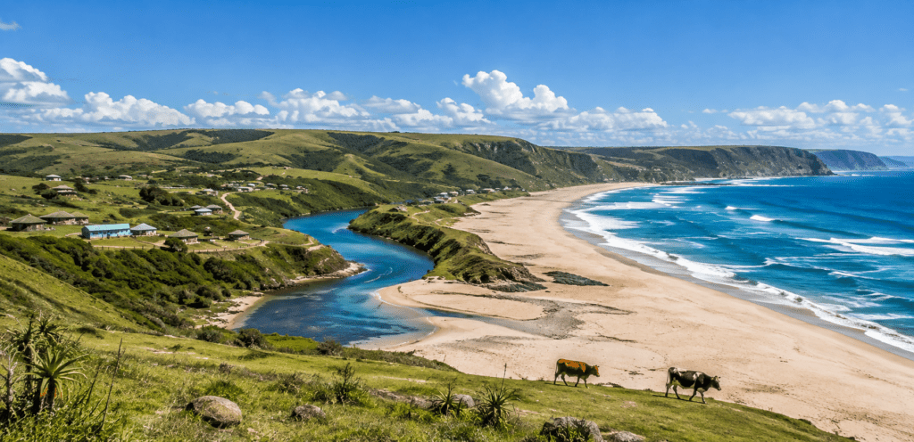 Wild Coast of South Africa with rolling green hills, a winding river, sandy beach and Indian Ocean