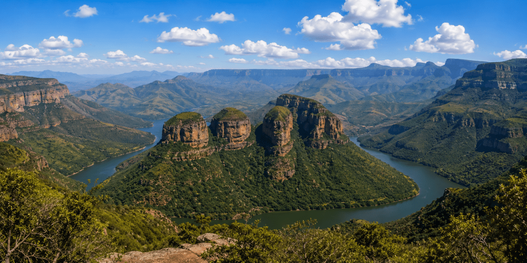 Blyde River Canyon and the Three Rondavels surrounded by lush mountains in Mpumalanga, South Africa