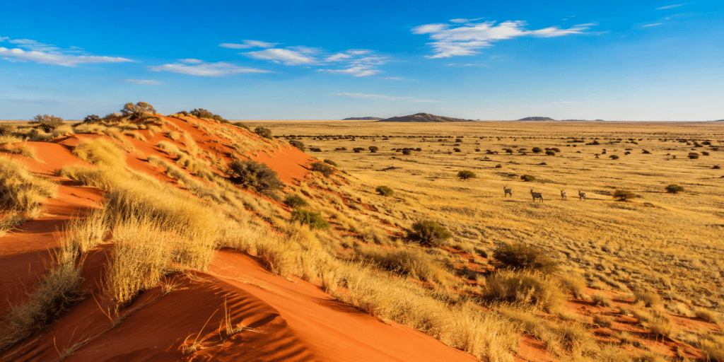 Red Kalahari sand dunes with golden grass and gemsbok beneath a blue sky in South Africa