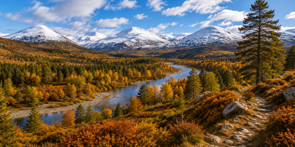 Panoramic daytime view of Cairngorms National Park in autumn with golden forests, a winding river, snow-capped mountains, and a bright blue Scottish sky.