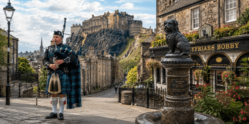 Panoramic daytime view of Edinburgh's historic Old Town featuring a traditional Scottish bagpiper beside the Greyfriars Bobby statue, with Edinburgh Castle overlooking the city beneath a bright blue sky.