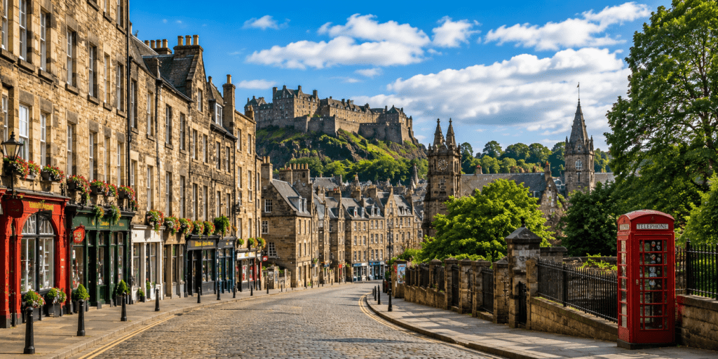Panoramic daytime view of a historic cobbled street in Edinburgh Old Town leading towards Edinburgh Castle, with traditional sandstone buildings, charming shopfronts, and a bright blue Scottish sky.