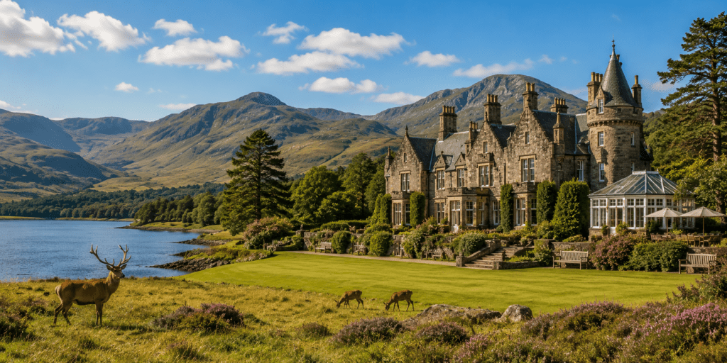 Panoramic daytime view of a luxury Scottish Highlands estate overlooking a tranquil loch, surrounded by dramatic mountains, landscaped gardens, and red deer grazing in the foreground beneath a bright blue sky.
