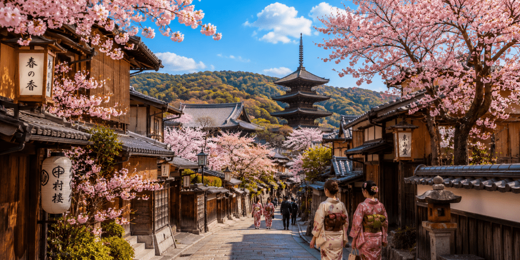 Panoramic daytime view of Kyoto during cherry blossom season featuring historic wooden streets, pink sakura trees, a traditional temple, and a five-storey pagoda beneath a bright blue spring sky.