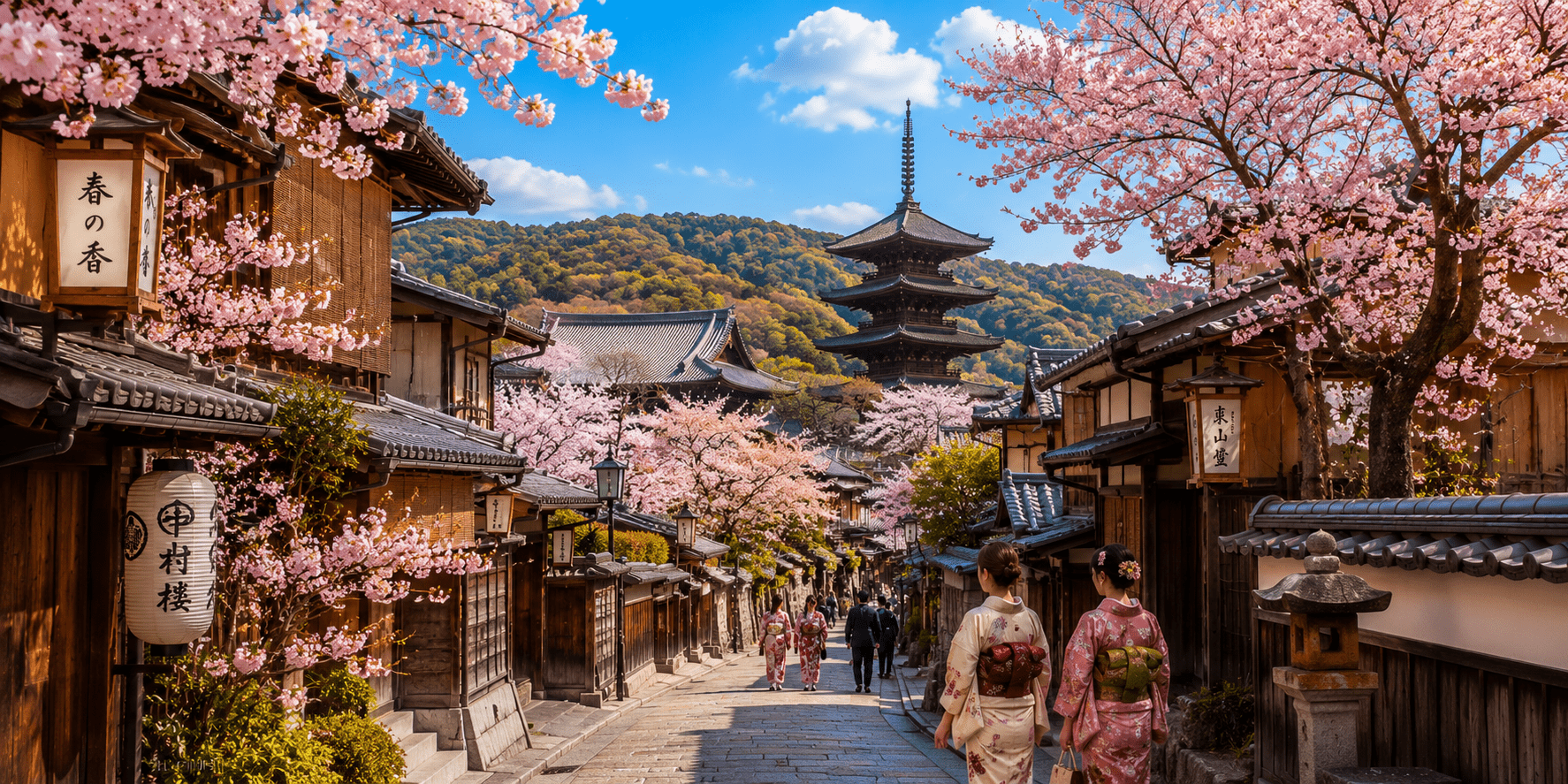 Panoramic daytime view of Kyoto during cherry blossom season featuring historic wooden streets, pink sakura trees, a traditional temple, and a five-storey pagoda beneath a bright blue spring sky.