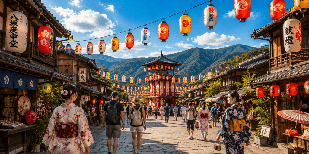 Panoramic daytime view of a traditional Japanese summer festival in Kyoto with colourful lanterns, visitors in yukatas and casual clothing, historic wooden streets, and mountains beneath a bright blue sky.