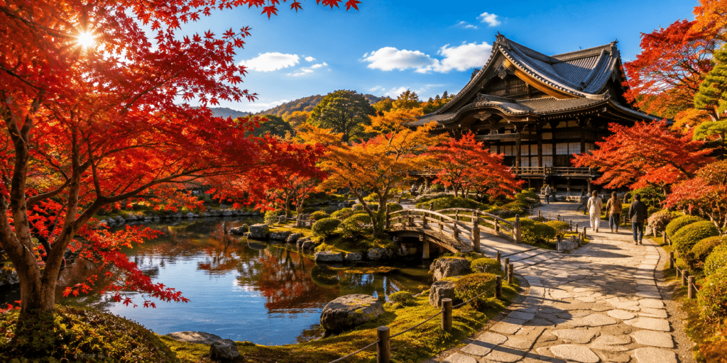 Panoramic daytime view of a Kyoto temple surrounded by brilliant red maple leaves, golden autumn foliage, a traditional Japanese garden, a wooden bridge over a reflective pond, and a peaceful stone pathway beneath a bright blue autumn sky.