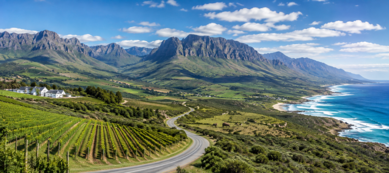 Panoramic South African landscape with vineyards, dramatic mountains, a winding road, elephants and rugged coastline